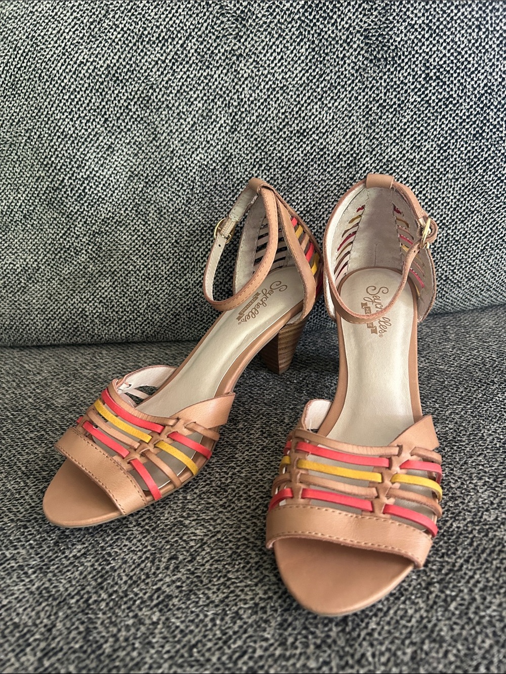 Seychelles Tan Sandals with Red & Yellow Woven Straps